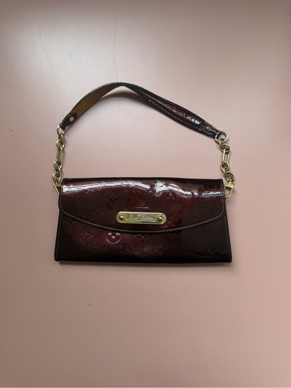 Louis Vuitton Burgundy Vernis Monogram Wristlet Clutch with Gold Nameplate - Picture 2 of 7
